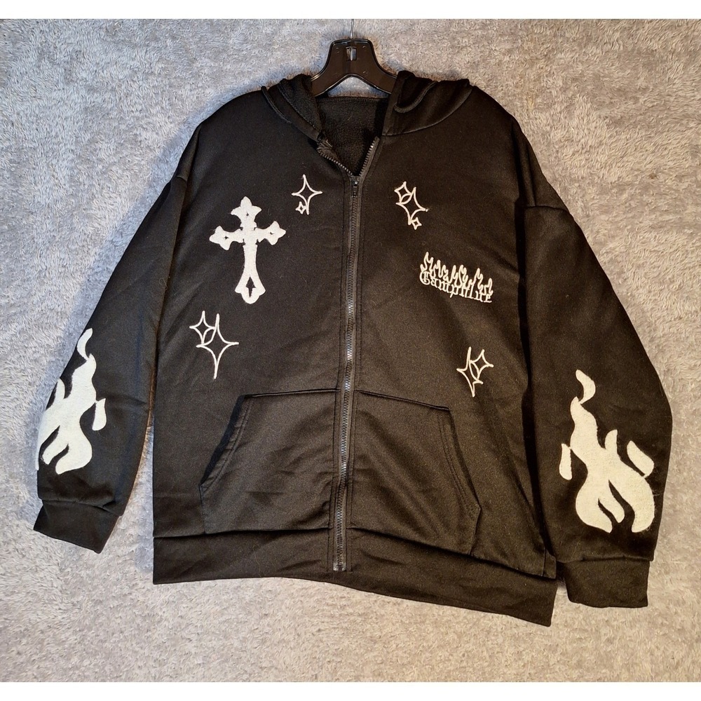 Black Gothic Cross Graphic Zip Up Hoodie Streetwear Flame Unbranded, Goth, Dark